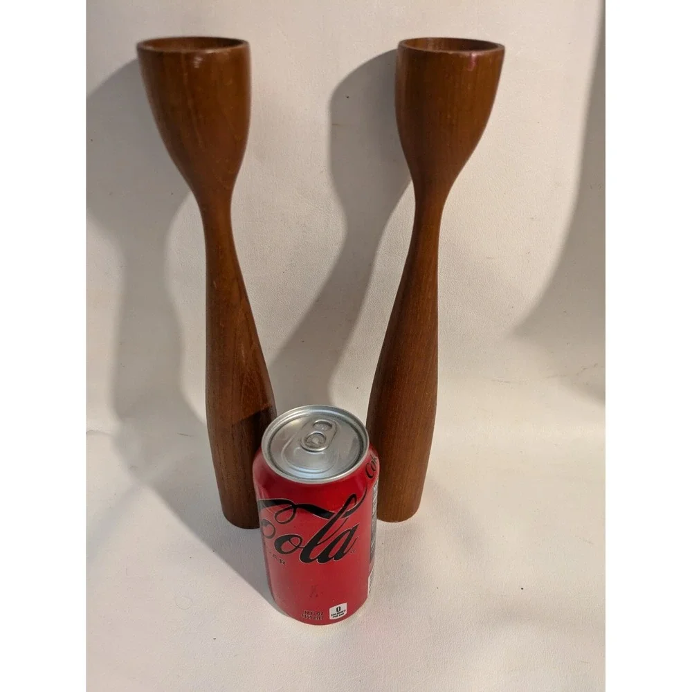 Vintage MCM 2 Teak Wood Tulip Candlestick Candle Holders Denmark 11.5 Inches